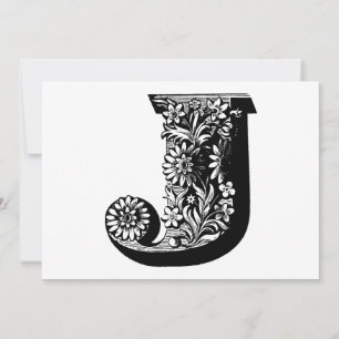 Monogram J Initiaal Zwart en Wit Bloem Motief Feestdagenkaart