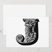 Monogram J Initiaal Zwart en Wit Bloem Motief  Feestdagenkaart (Voorkant / Achterkant)
