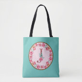 Monogram J Letter met Peony Flower Afbeelding Canv Draagtas (Voorkant)