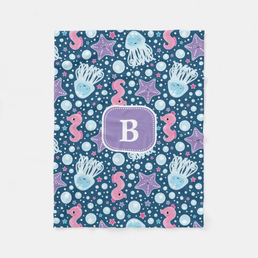 Monogram | Jellyfish & Seapaarden | Blauw Paars Fleece Deken (Voorkant)