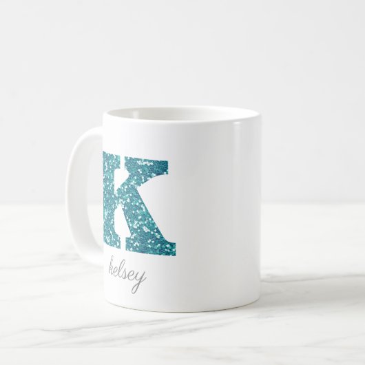 Monogram K blauwe glitter Mok (Voorkant links)
