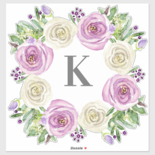 Monogram K Bruiloft Lavendel en witte rozen Bloeme Sticker