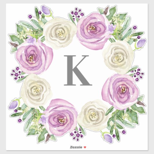 Monogram K Bruiloft Lavendel en witte rozen Bloeme Sticker (Vel)