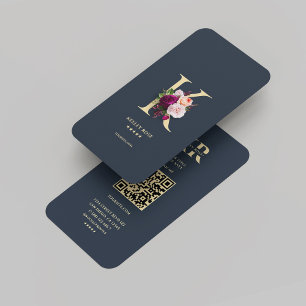 Monogram K Elegant Bloemen Donkerblauw Goud Modern Visitekaartje