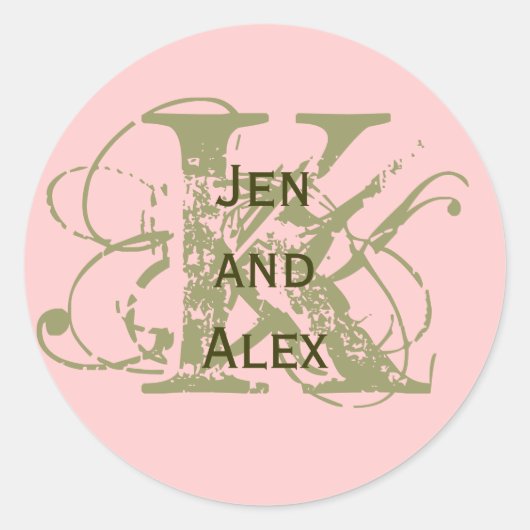 Monogram K en Namen Roze Sticker (Voorkant)