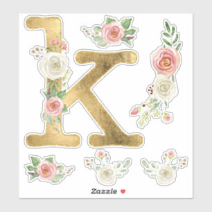 Monogram K Gold Blush Wit Rose Bloemen Waterverf Sticker