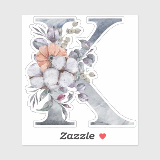Monogram K Waterverf Blue Floral Initiaal K Sticker (Vel)