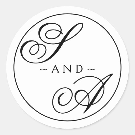 Monogram Kalligrafie zwart-wit Bruiloft Ronde Sticker (Voorkant)