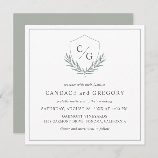 Monogram Kam met Olijftakken Bruiloft Kaart (Voorkant / Achterkant)