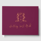 Monogram kam roos gouden donkerrode bruiloftsgast gastenboek (Voorkant)