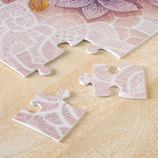 Monogram kant bloemen roze geel sinaasappel zonneb legpuzzel (Zijkant)