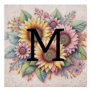 Monogram kant bloemen roze geel sinaasappel zonneb perfect poster