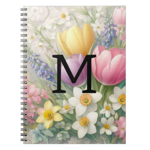 Monogram kant bloemenpastel roze tulpen narcissen notitieboek