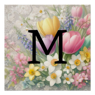 Monogram kant bloemenpastel roze tulpen narcissen perfect poster