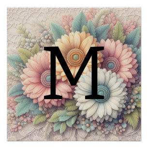 Monogram kant bloemenroze oranje gerbera madeliefj perfect poster