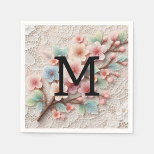 Monogram kant bloemenroze pastel kersenbloesem servet