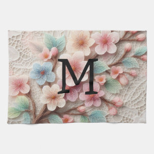 Monogram kant bloemenroze pastel kersenbloesem theedoek