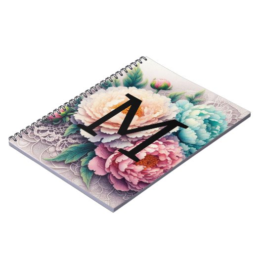 Monogram kant bloemenroze sinaasappel blauw pioene notitieboek (Linkerzijde)