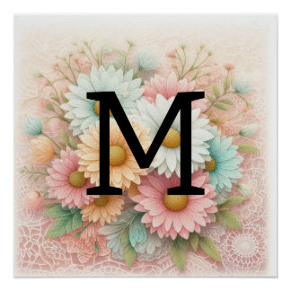 Monogram kant bloemenroze witte blauwe madeliefjes perfect poster