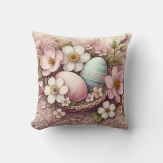 Monogram kant roze bloemen paaseieren in een mand kussen