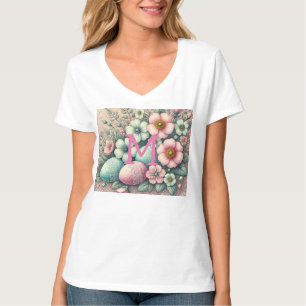Monogram kant roze bloemen paaseieren in een mand t-shirt