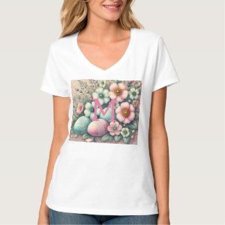Monogram kant roze bloemen paaseieren in een mand t-shirt