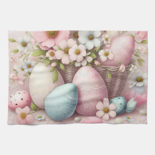 Monogram kant roze bloemen paaseieren in een mand theedoek