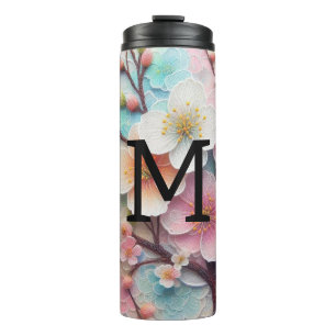 Monogram kant roze bloemenpastel kersenbloesem thermosbeker
