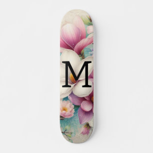 Monogram kant roze paarse magnolia bloemen skateboard