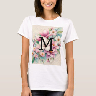Monogram kant roze paarse magnolia bloemen t-shirt