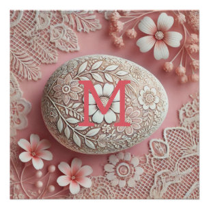 Monogram kant roze witte bloem paasei perfect poster