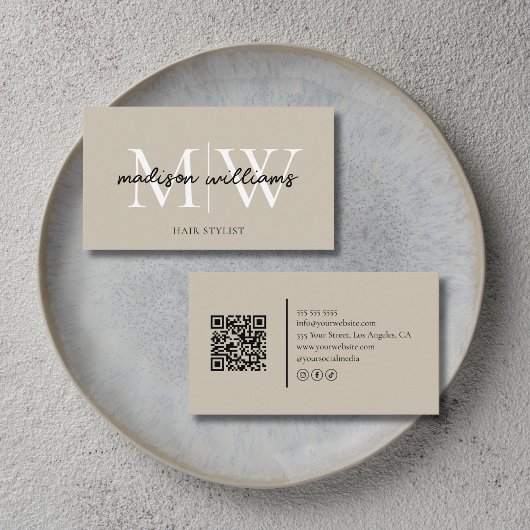 Monogram Kapper QR Code Beige Visitekaartje