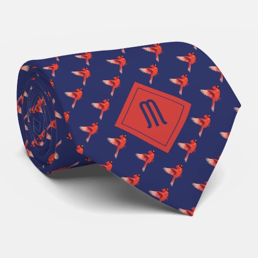Monogram kardinaal vogelpatroon op blauw stropdas (Opgerold)