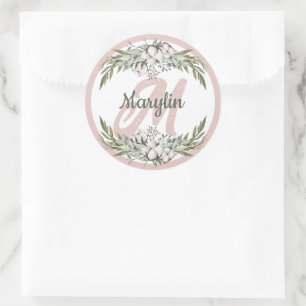 Monogram katoenen bloemengebladerte minimalistisch ronde sticker