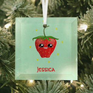 Monogram kawaii aardbeien fruit op turkoois glas ornament