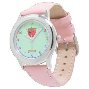 Monogram kawaii aardbeien fruit op turkoois horloge