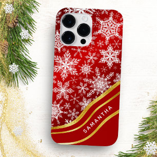 Monogram Kerst Rood Goud Wit Sneeuwvlokken Case-Mate iPhone 14 Pro Max Hoesje