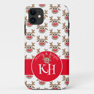 Monogram Kerst Wit Rood Schattige rendierpatroon iPhone 11 Hoesje