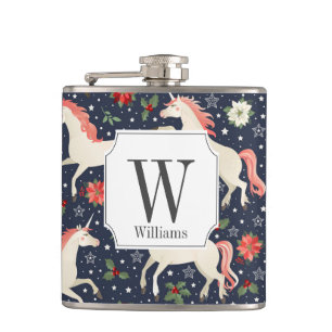 Monogram kerstfeestelijke onicorns heupfles