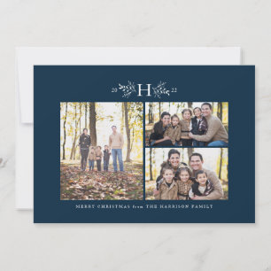 Monogram kerstkaart in marineblauw met drie foto's