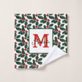 Monogram Kerstkerst Holly Berries Bad Handdoek (Wasdoekje)