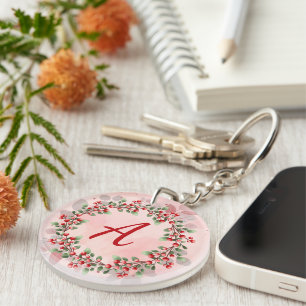 Monogram Kerstmis Berry Wreath Sleutelhanger
