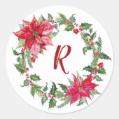 Monogram Kerstmis Wreath Ronde Sticker (Voorkant)