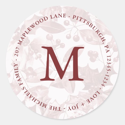 Monogram kerstrood botanisch patroonadres ronde sticker (Voorkant)