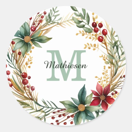 Monogram Kerstster Krans Vakantie Correspondentie Ronde Sticker (Voorkant)