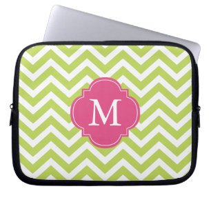 Monogram Kiwi Green & Fuschia Zigzags Pattern Laptop Sleeve