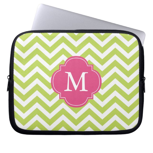 Monogram Kiwi Green & Fuschia Zigzags Pattern Laptop Sleeve (Voorkant)