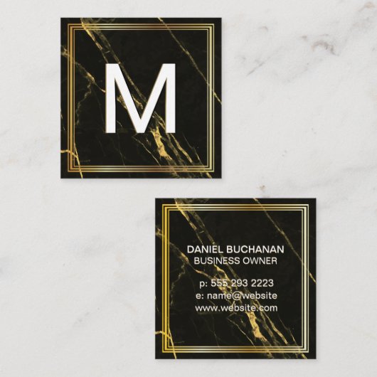 Monogram | Klassiek frame | Zwart goud marmer Vierkante Visitekaartje (Voorkant / Achterkant)