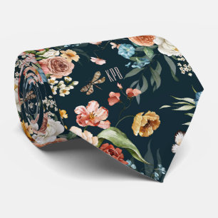 Monogram Kleurrijk Bloempatroon op Oxford Blue Stropdas