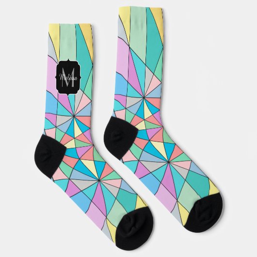 Monogram kleurrijk pasteimozaïekdriehoekspatroon sokken (Rechts)